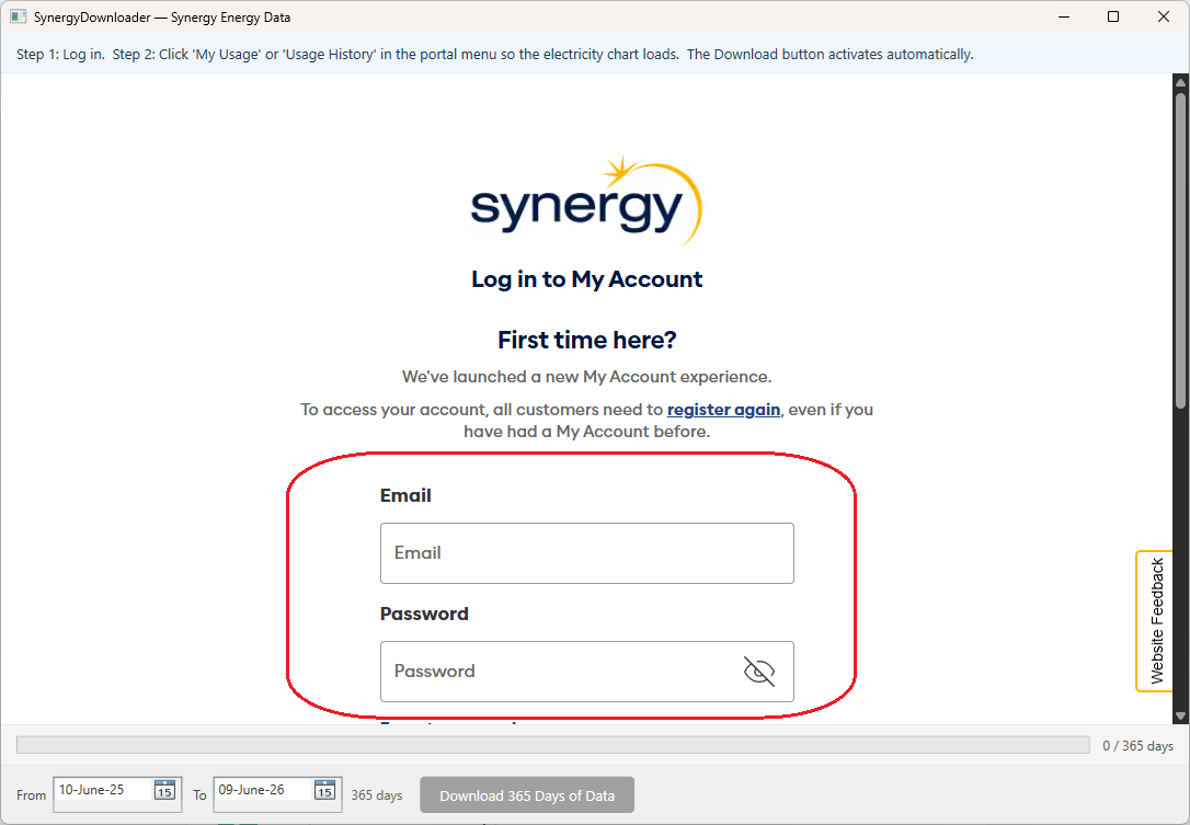 SynergyDownloader app showing the Synergy My Account login page