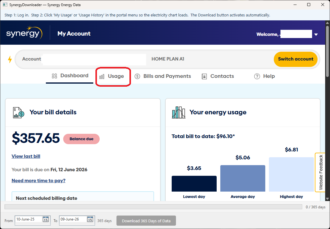Synergy My Account dashboard — click the Usage tab in the menu