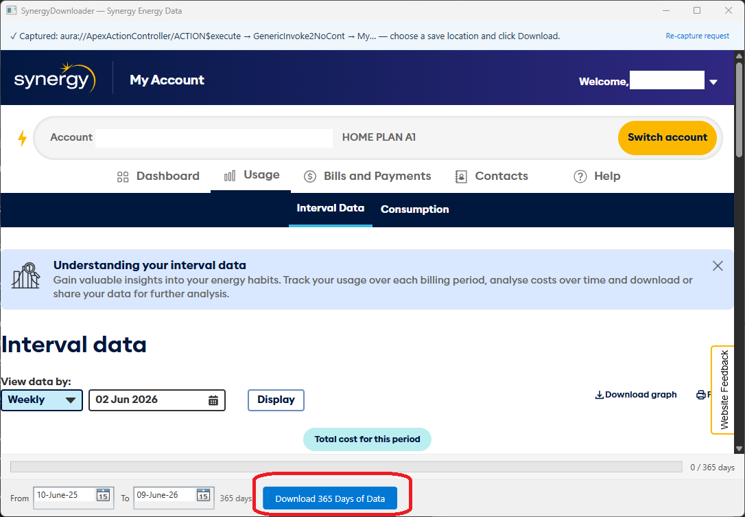 Interval Data page with Download 365 Days of Data button now active