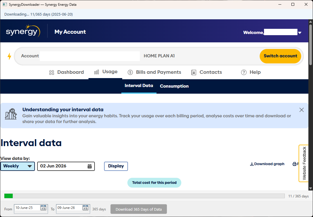 SynergyDownloader showing download progress — 11 of 365 days complete