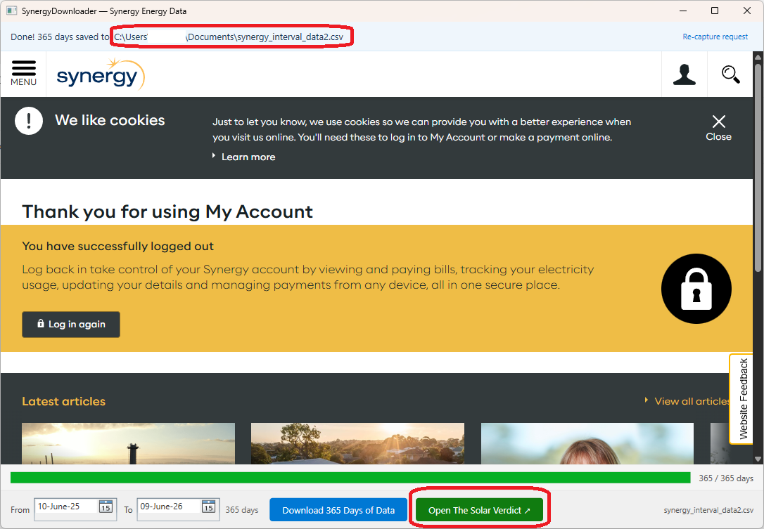 Download complete — click Open The Solar Verdict to go straight to the analysis tool