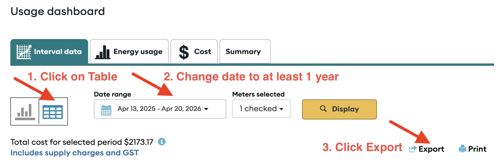 Screenshot showing the half-hourly interval selection and date range controls