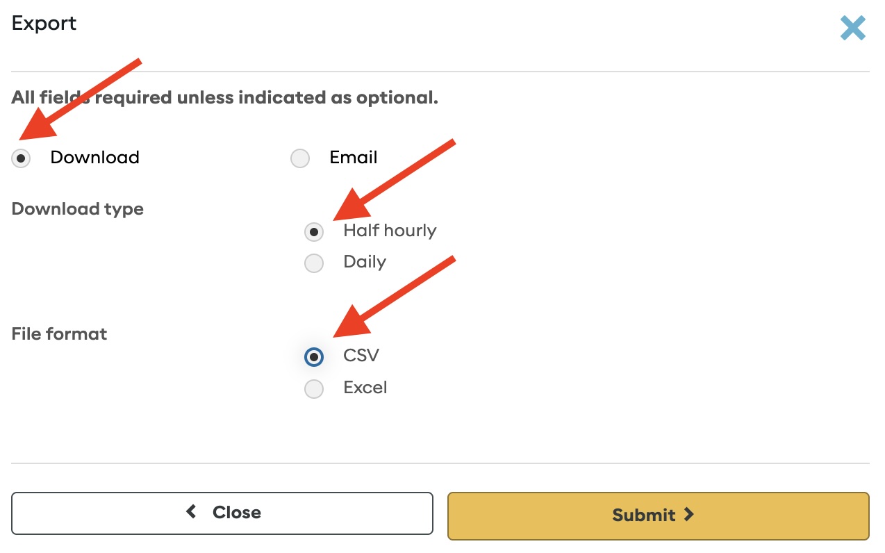 Screenshot of the export dialog showing the CSV download option
